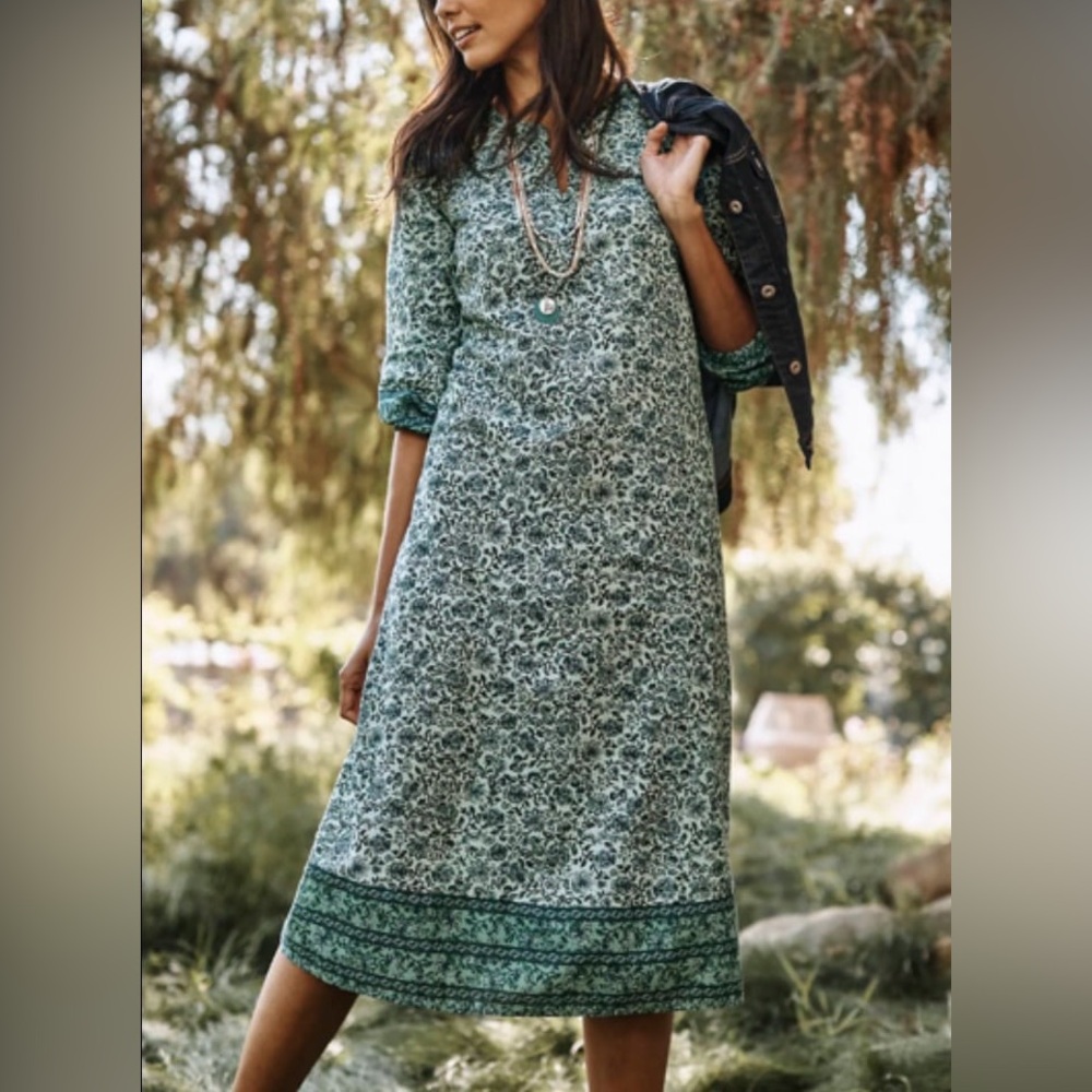 J. Jill blue cotton boho midi dress 3/4 sleeve floral paisley XS